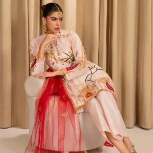 Digital Print Puff Work & ADDA Work Embroidered Suit with Net Dupatta (3PCS)