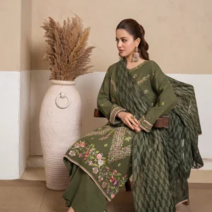 Crundy Cotton Embroidered Chicken Kari Suit with Plain Belt Trouser (3PCS)