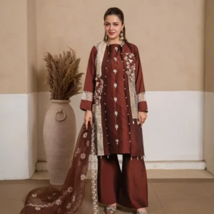 Raw Silk Fabric Suit with Stitching Style Gown, Net Dupatta & Bell Bottom Trouser (4PCS)
