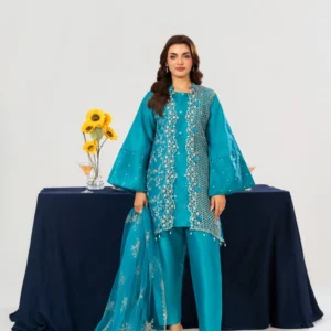 Raw Silk Suit with Boring Style Net Gown, Stitching Style Inner & Net Dupatta (4 PCS)