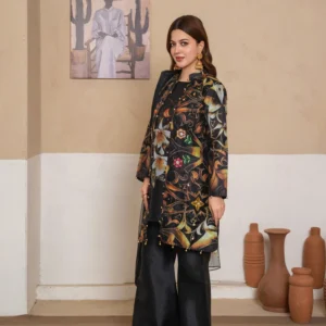 Elegant Black Digital Print Suit with Gown(ADDA Work), Net Dupatta & Bell Bottom Trouser (4 PCS)