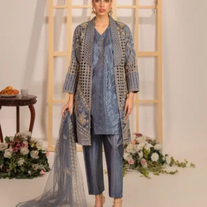 Indian Silk Coat Collar Gown with Tilla Work, Stitched Inner, Plain Trouser & Net Embroidered Dupatta(4PCS)