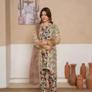 Indian Silk Digital Print Suit Set with Net Gown & Net Dupatta (4 PCS)