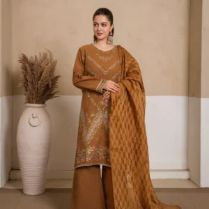 Crundy Lawn Fabric Suit with Front Embroidery, Crundy Cotton Dupatta & Bell Bottom Trouser (3 PCS)