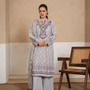 3PCS Grey Cotton Crundy Fully Embroidered Suit with Cotton Net Dupatta