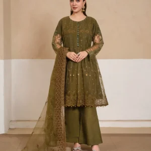Net Fabric Frock Style Suit with Net Dupatta & Plain Bell Bottom Trouser ( 3PCS)