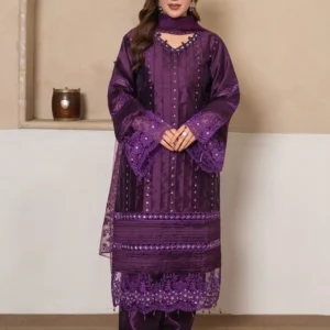 Raw Silk Fabric Suit with Stitching Style Shirt and Embroidered Border, Net Dupatta & Plain Trouser (3 PCS)