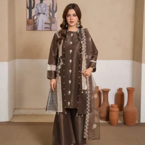 Raw Silk Fabric Suit with Stitching Style Gown, Net Dupatta & Bell Bottom Trouser (4 PCS)