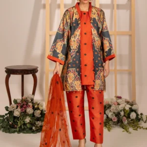 Raw Silk Embroidered Inner with Digital Print Gown, Embroidered Trouser & Net Embroidered Dupatta (4PCS)