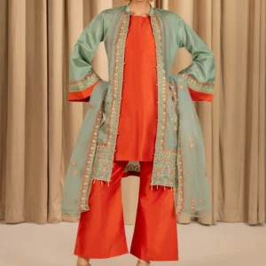 Raw Silk Embroidered Suit with Inner Embroidered Gown, Bell Bottom Trouser & Net Dupatta (4PCS)