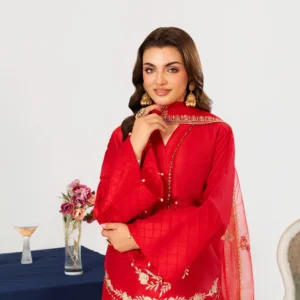 Red Indian Raw Silk Embroidered Suit with Bell Bottom Trouser & Net Dupatta (3PCS Stitched)