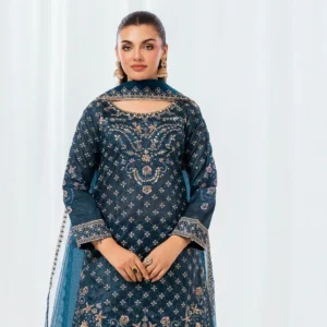 Silk Fabric Computer Embroidered Suit with Embroidered Bell Bottom Trouser (3PCS)