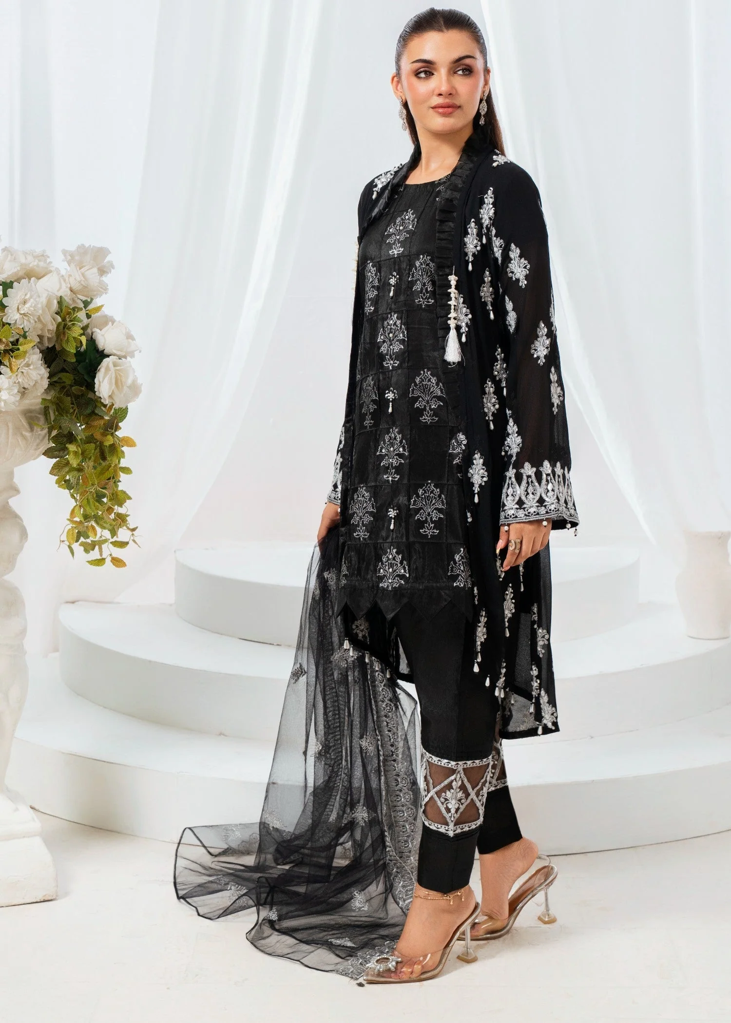 Kattan Silk Suit with Embroidered Frill Neck & ADDA Work Gown, Stitching style Inner & Embroidered Net Dupatta (4 PCS) - Image 4
