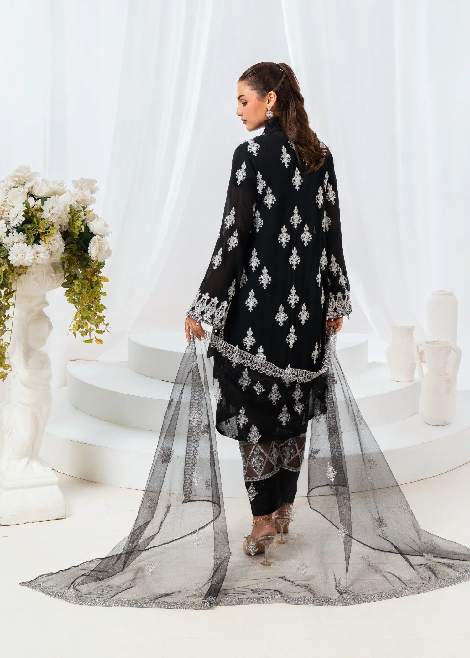 Kattan Silk Suit with Embroidered Frill Neck & ADDA Work Gown, Stitching style Inner & Embroidered Net Dupatta (4 PCS) - Image 3