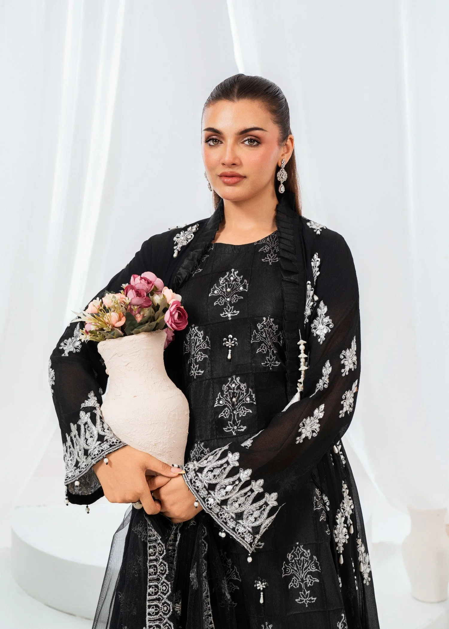 Kattan Silk Suit with Embroidered Frill Neck & ADDA Work Gown, Stitching style Inner & Embroidered Net Dupatta (4 PCS) - Image 2