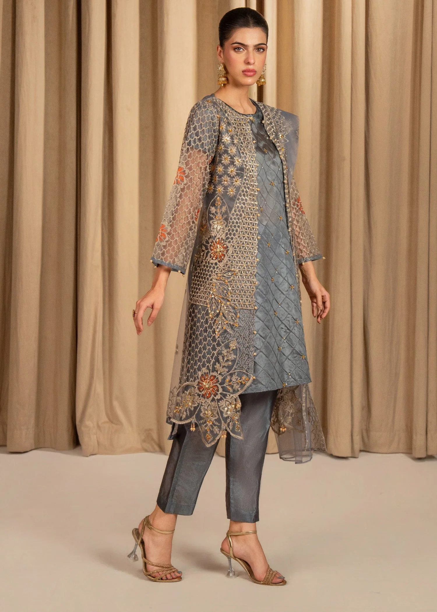 Kattan Silk Embroidered Suit with ADDA & Boring Work Gown, Stitching style Inner & Embroidered Net Dupatta (4PCS) - Image 2
