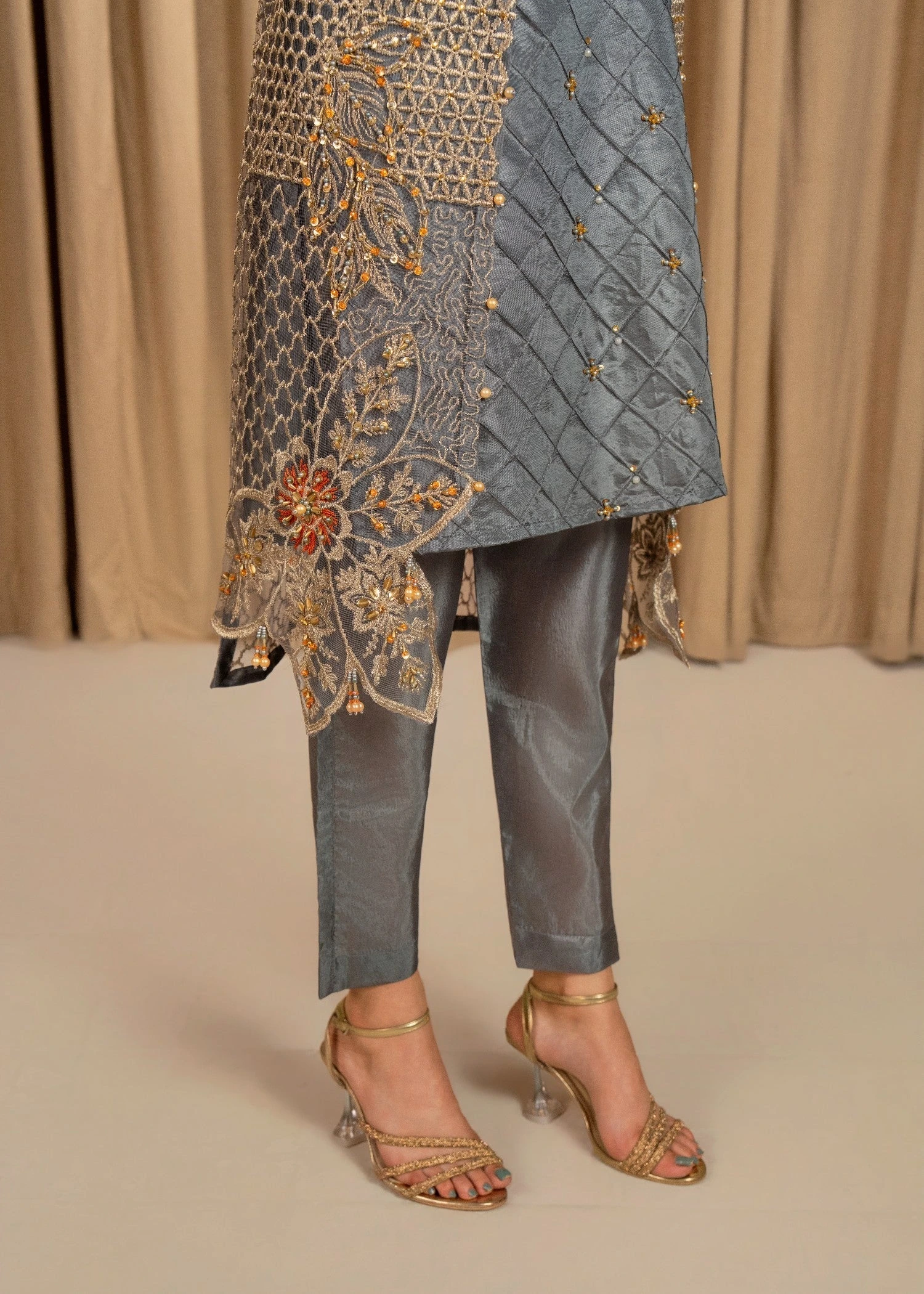 Kattan Silk Embroidered Suit with ADDA & Boring Work Gown, Stitching style Inner & Embroidered Net Dupatta (4PCS) - Image 4