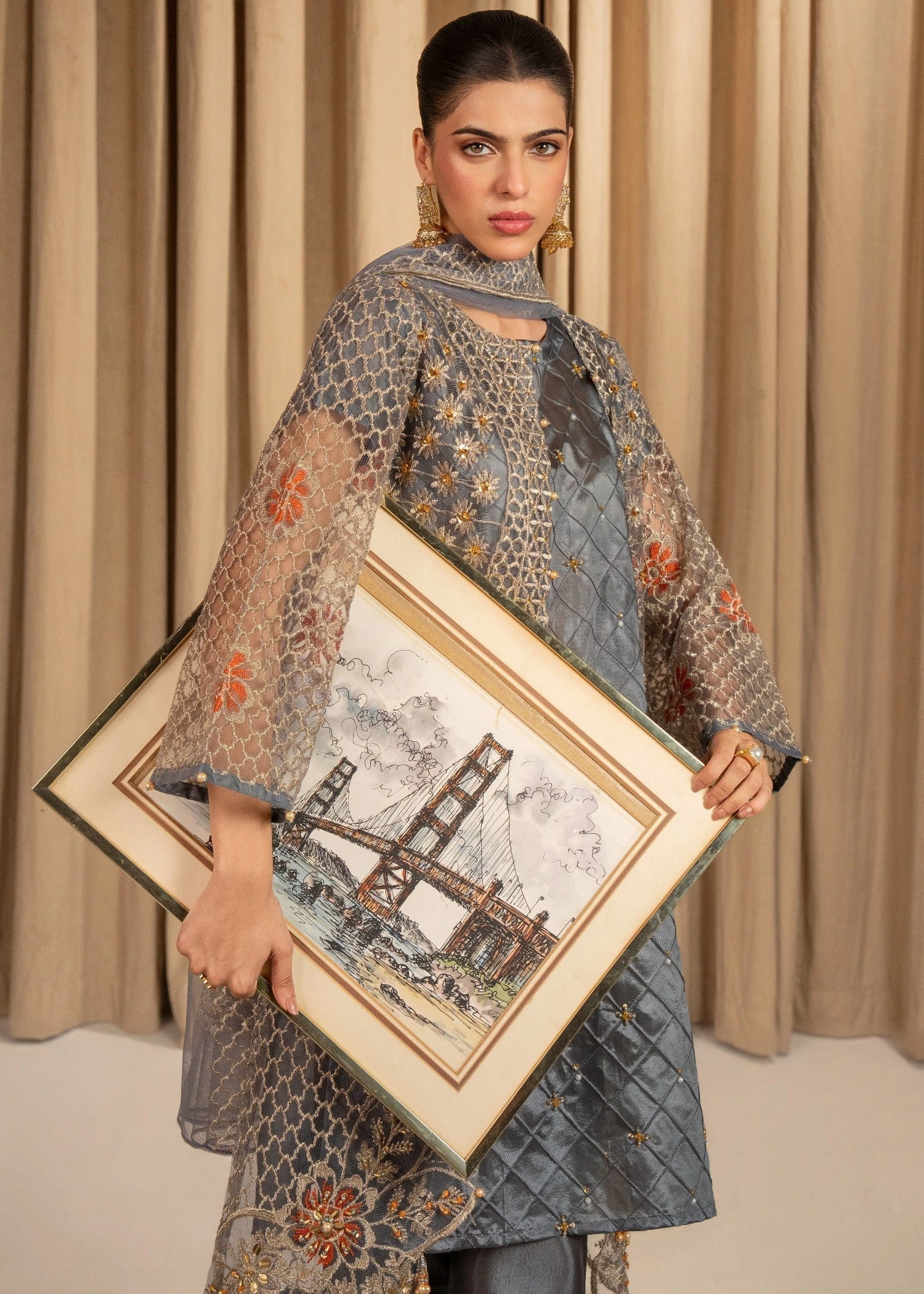 Kattan Silk Embroidered Suit with ADDA & Boring Work Gown, Stitching style Inner & Embroidered Net Dupatta (4PCS) - Image 3