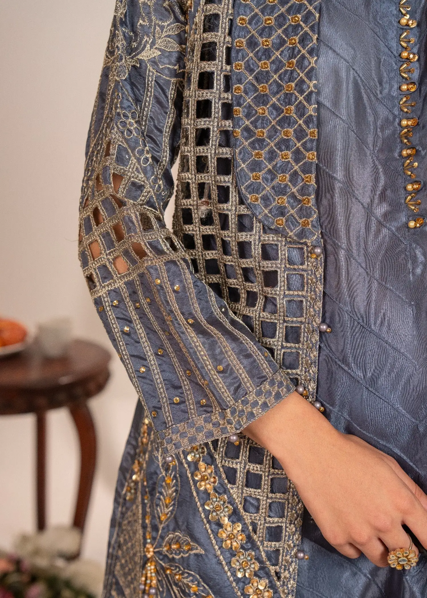 Indian Silk Coat Collar Gown with Tilla Work, Stitched Inner, Plain Trouser & Net Embroidered Dupatta(4PCS) - Image 3