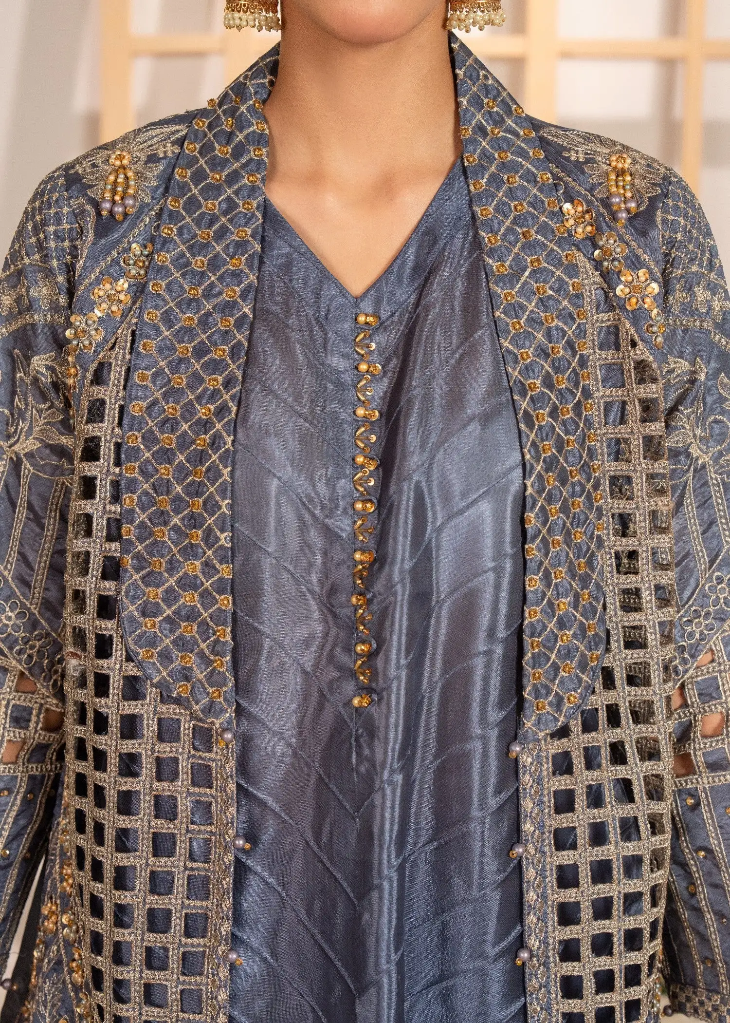 Indian Silk Coat Collar Gown with Tilla Work, Stitched Inner, Plain Trouser & Net Embroidered Dupatta(4PCS) - Image 2