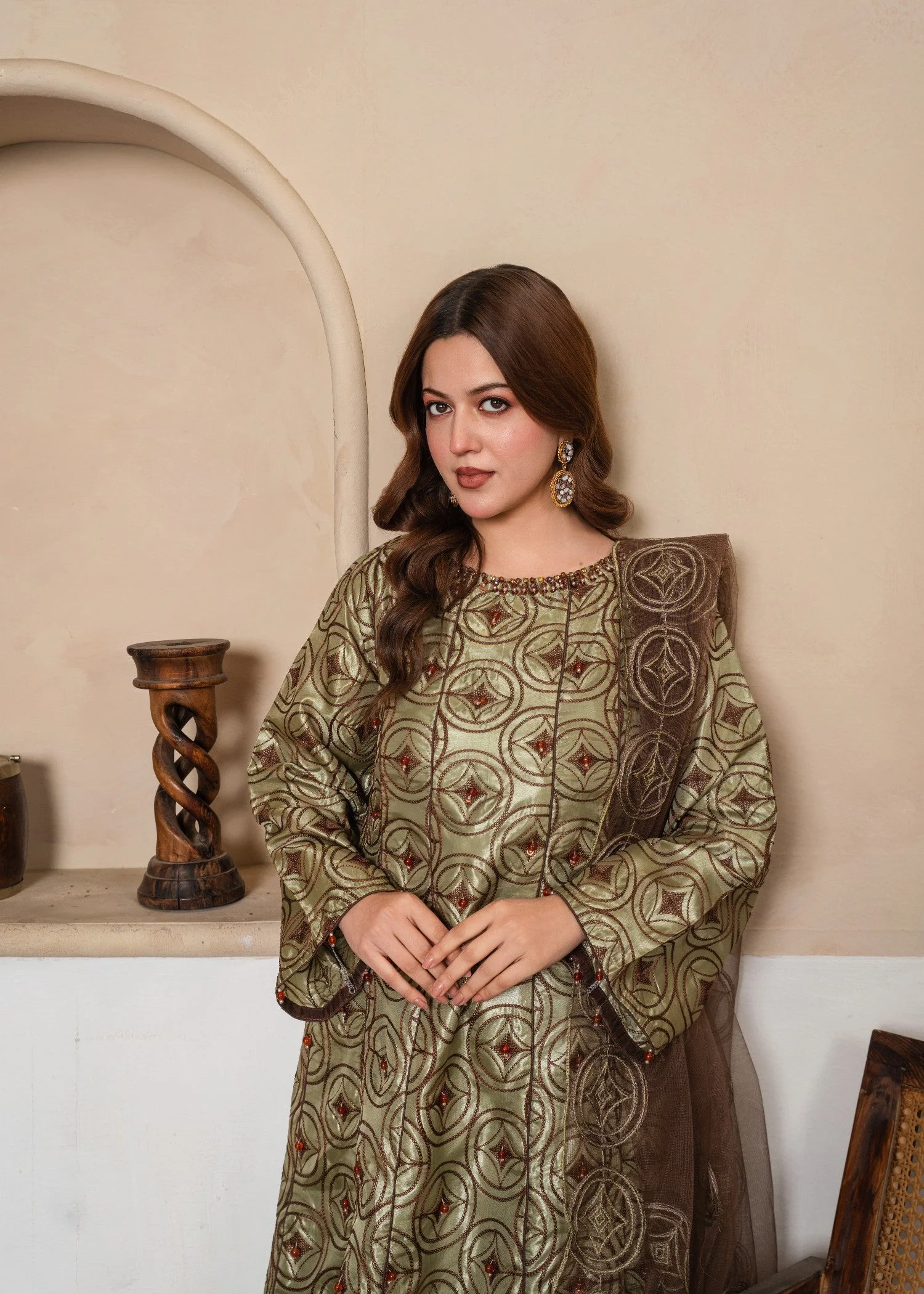 Indian Silk Fully Embroidered Frock Style Suit with ADDA Work, Embroidered Bell Bottom Trouser & Net Dupatta (3 PCS) - Image 2