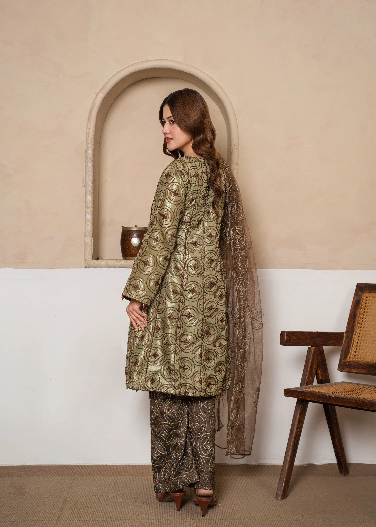 Indian Silk Fully Embroidered Frock Style Suit with ADDA Work, Embroidered Bell Bottom Trouser & Net Dupatta (3 PCS) - Image 3