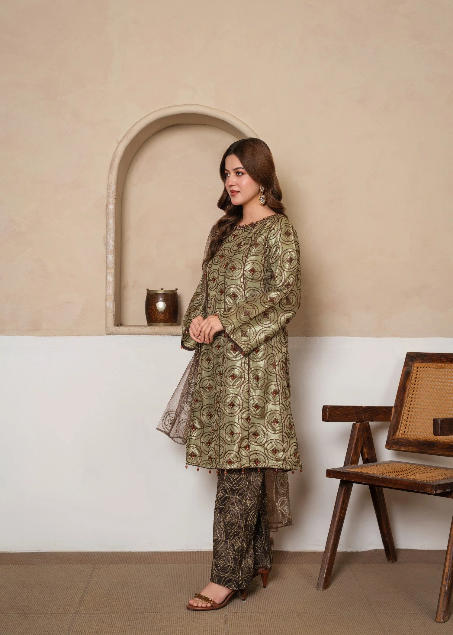 Indian Silk Fully Embroidered Frock Style Suit with ADDA Work, Embroidered Bell Bottom Trouser & Net Dupatta (3 PCS) - Image 4