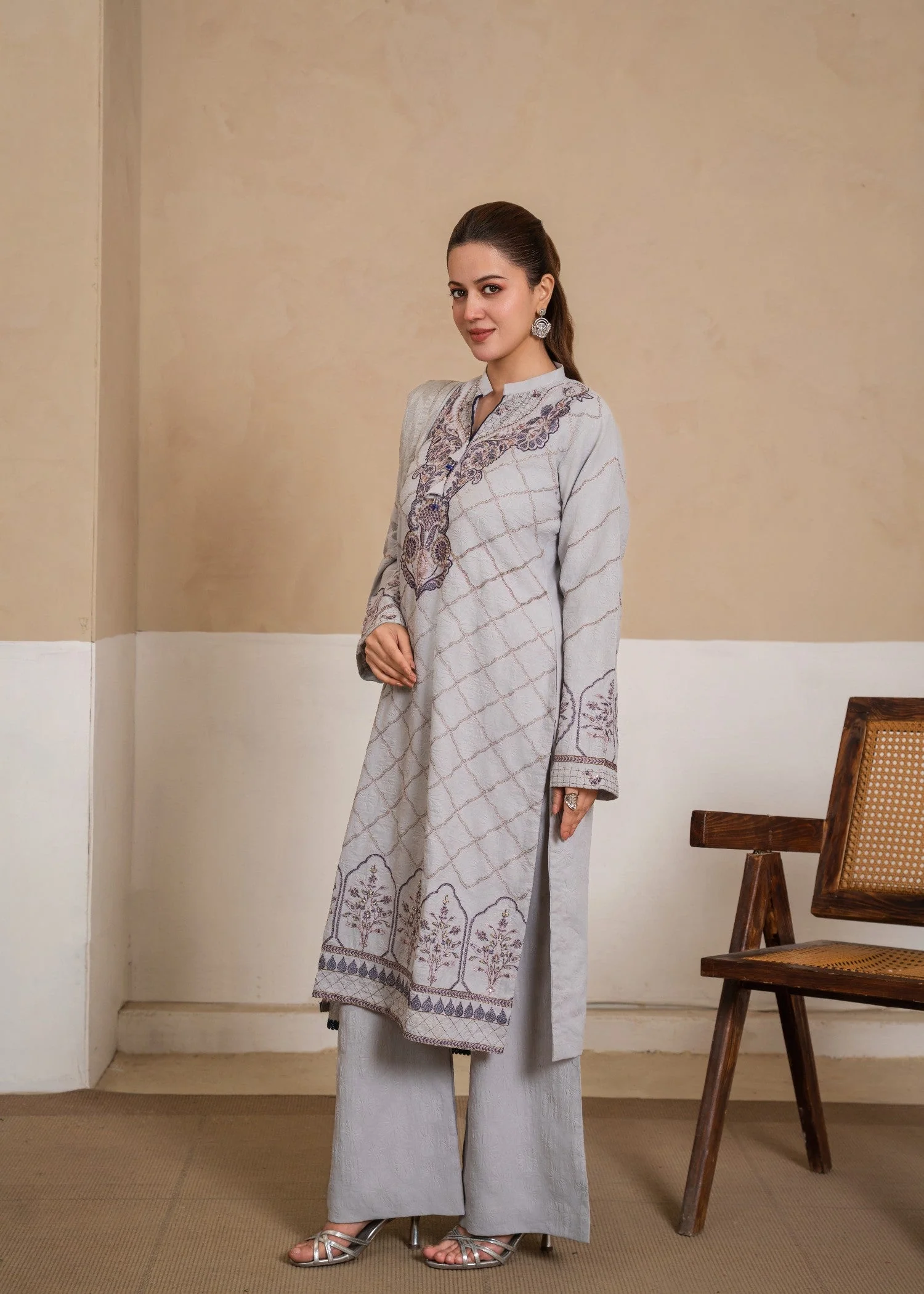 3PCS Grey Cotton Crundy Fully Embroidered Suit with Cotton Net Dupatta - Image 2