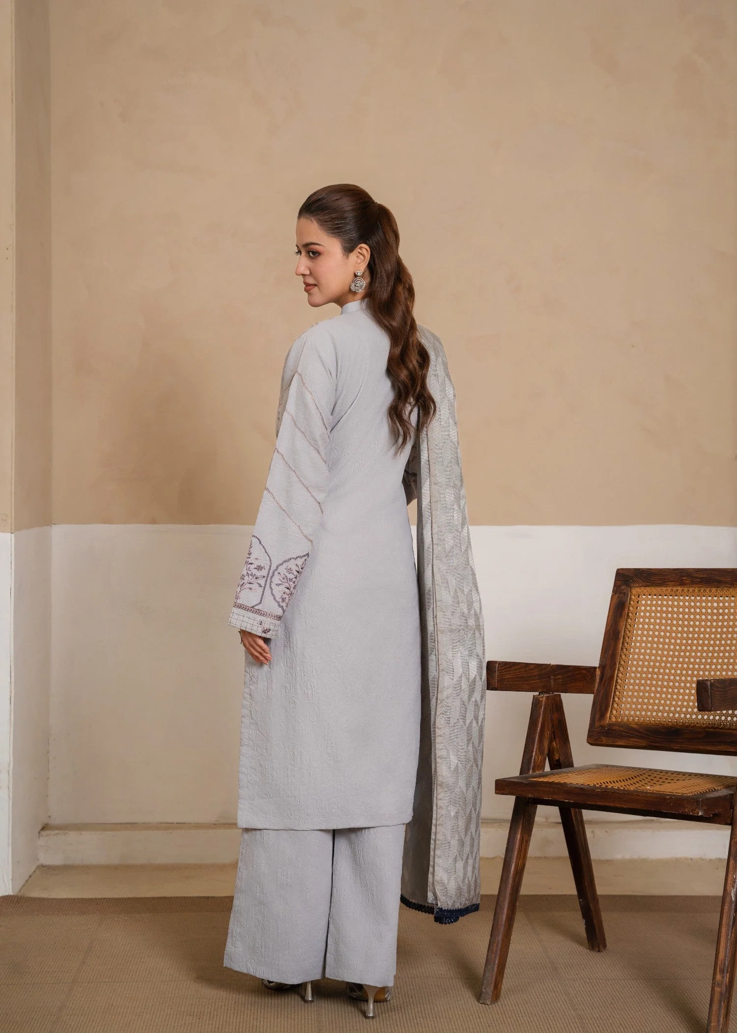 3PCS Grey Cotton Crundy Fully Embroidered Suit with Cotton Net Dupatta - Image 3