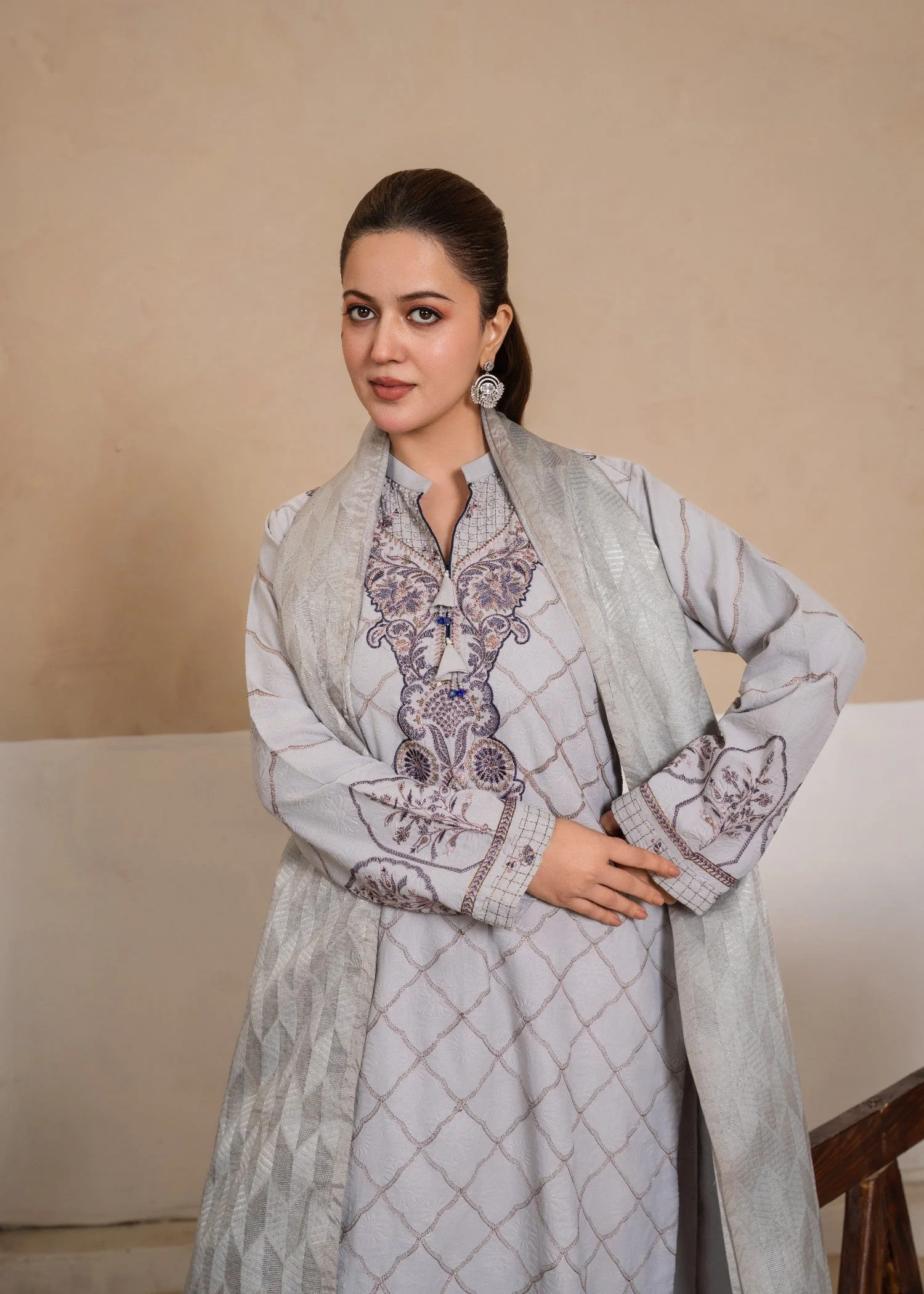 3PCS Grey Cotton Crundy Fully Embroidered Suit with Cotton Net Dupatta - Image 4