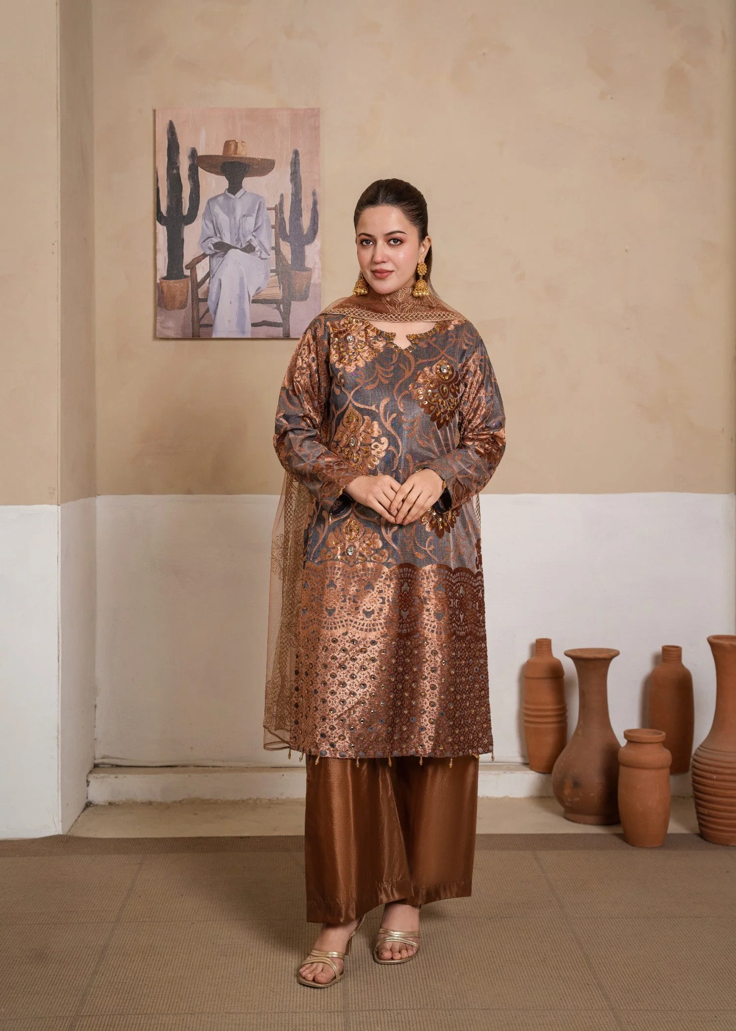 Velvet Pluchi Embroidered Suit with ADDA Work, Bell Bottom Trouser & Embroidered Net Dupatta (3 PCS)