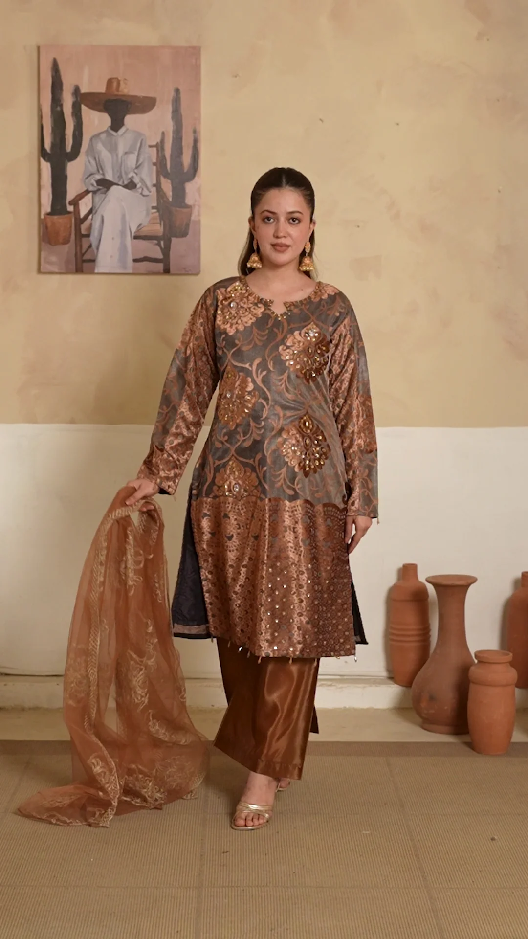 Velvet Pluchi Embroidered Suit with ADDA Work, Bell Bottom Trouser & Embroidered Net Dupatta (3 PCS) - Image 3