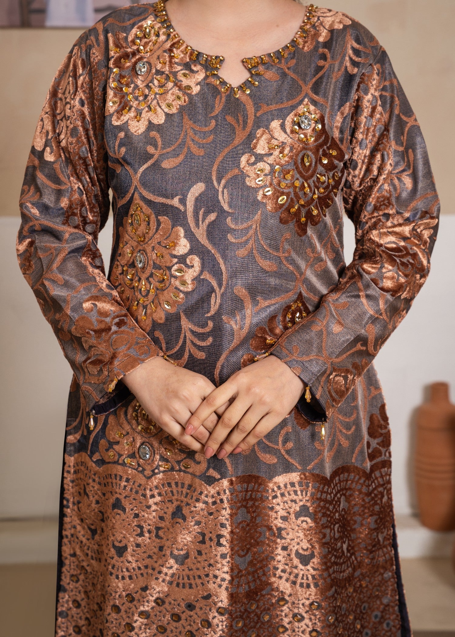 Velvet Pluchi Embroidered Suit with ADDA Work, Bell Bottom Trouser & Embroidered Net Dupatta (3 PCS) - Image 5
