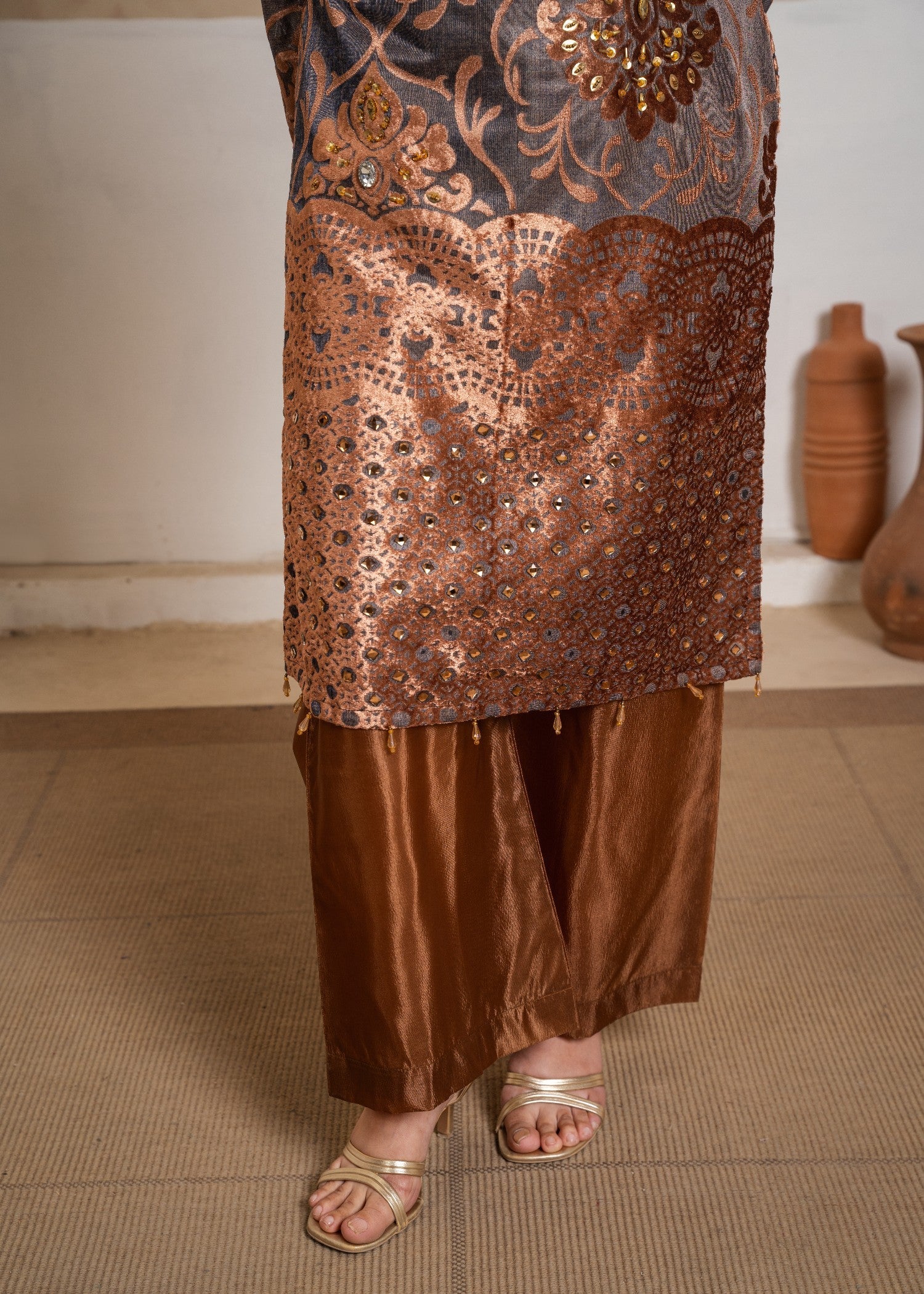 Velvet Pluchi Embroidered Suit with ADDA Work, Bell Bottom Trouser & Embroidered Net Dupatta (3 PCS) - Image 6