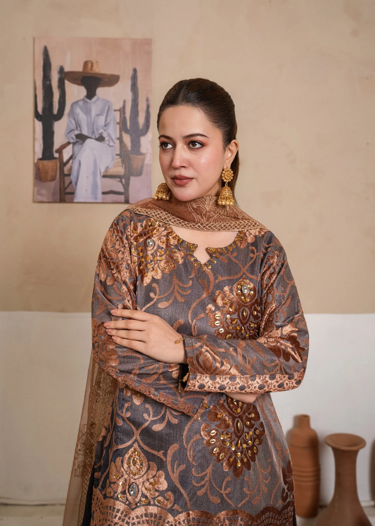 Velvet Pluchi Embroidered Suit with ADDA Work, Bell Bottom Trouser & Embroidered Net Dupatta (3 PCS) - Image 4