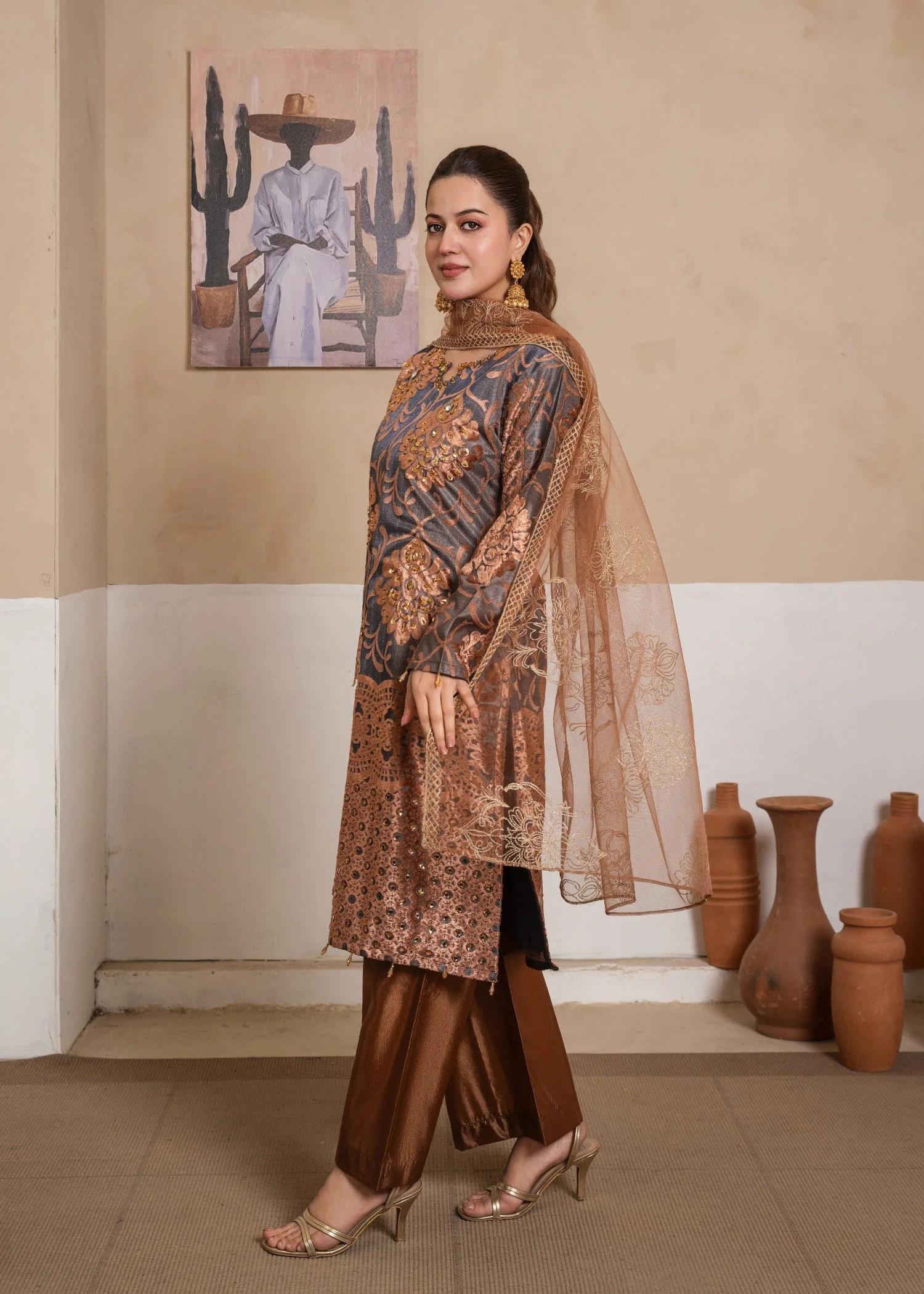 Velvet Pluchi Embroidered Suit with ADDA Work, Bell Bottom Trouser & Embroidered Net Dupatta (3 PCS) - Image 2