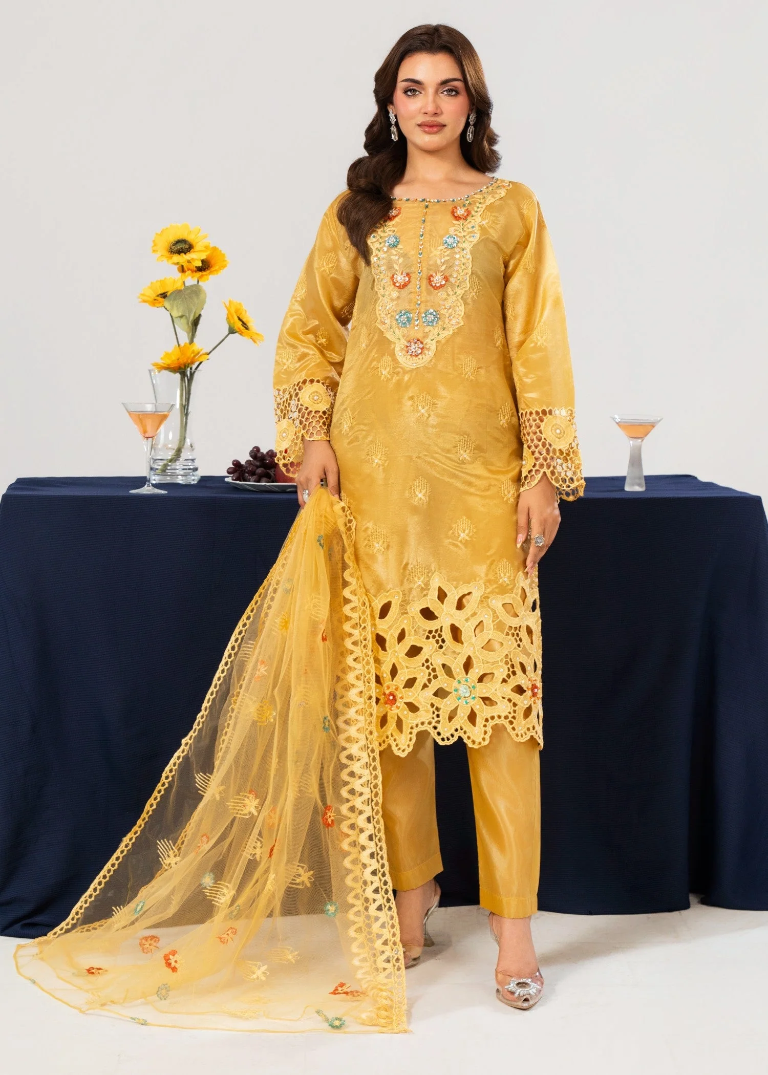 Embroidered Kattan Silk Suit with Boring Work, Neck Patch, Embroidered Sleeves Shirt & Embroidered Net Dupatta & Plain Trouser (3 PCS)n