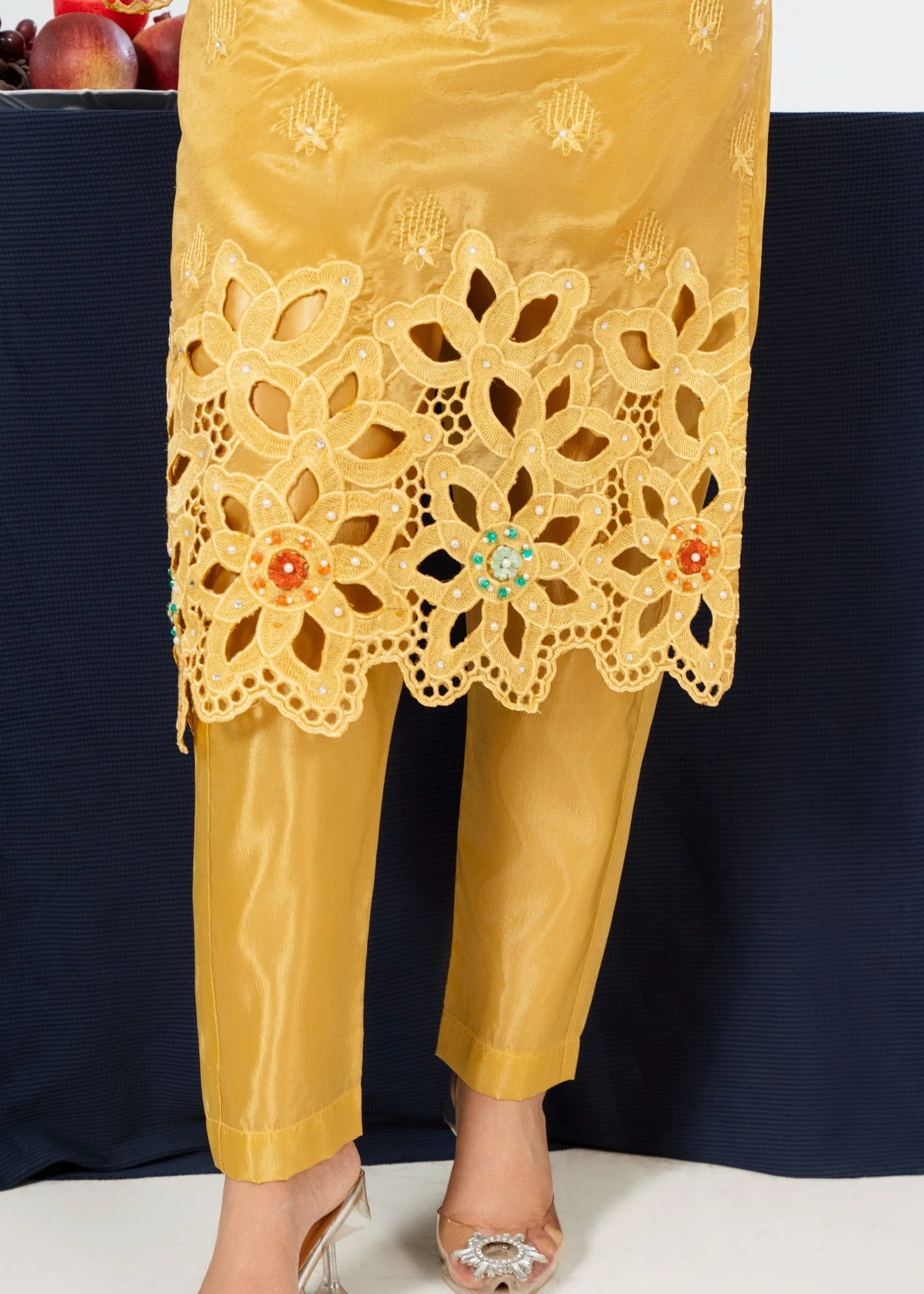 Embroidered Kattan Silk Suit with Boring Work, Neck Patch, Embroidered Sleeves Shirt & Embroidered Net Dupatta & Plain Trouser (3 PCS)n - Image 5