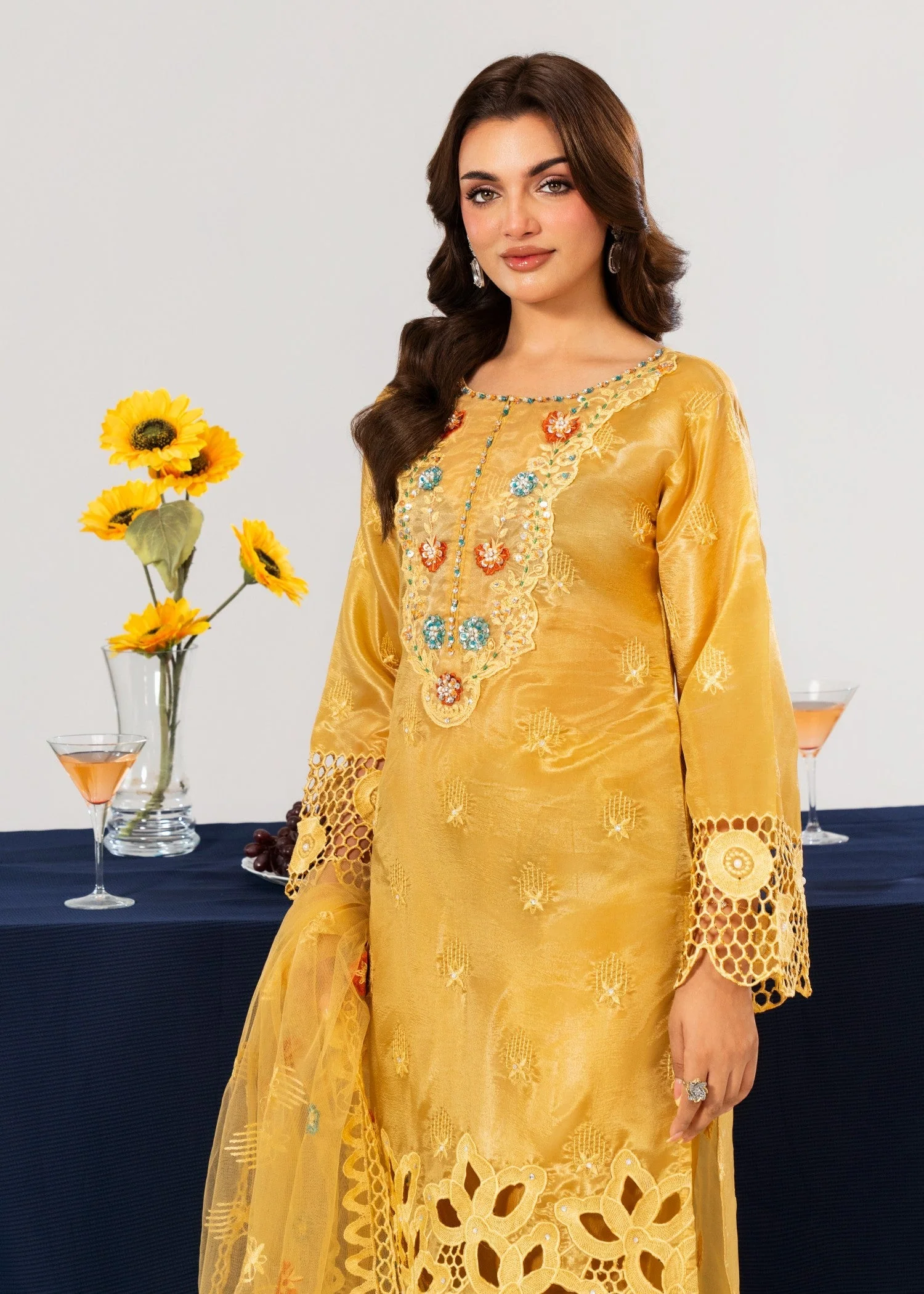 Embroidered Kattan Silk Suit with Boring Work, Neck Patch, Embroidered Sleeves Shirt & Embroidered Net Dupatta & Plain Trouser (3 PCS)n - Image 3