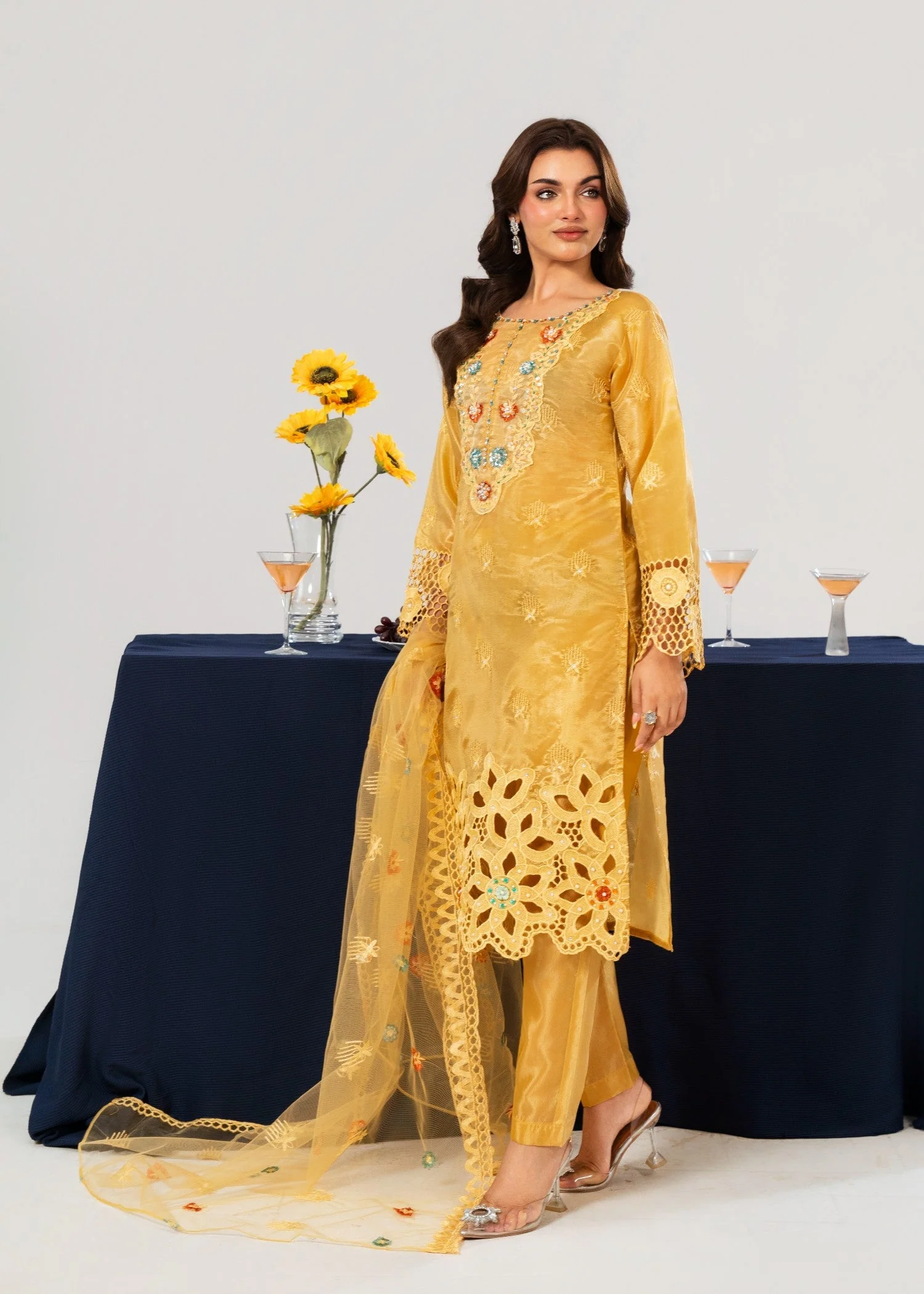 Embroidered Kattan Silk Suit with Boring Work, Neck Patch, Embroidered Sleeves Shirt & Embroidered Net Dupatta & Plain Trouser (3 PCS)n - Image 4