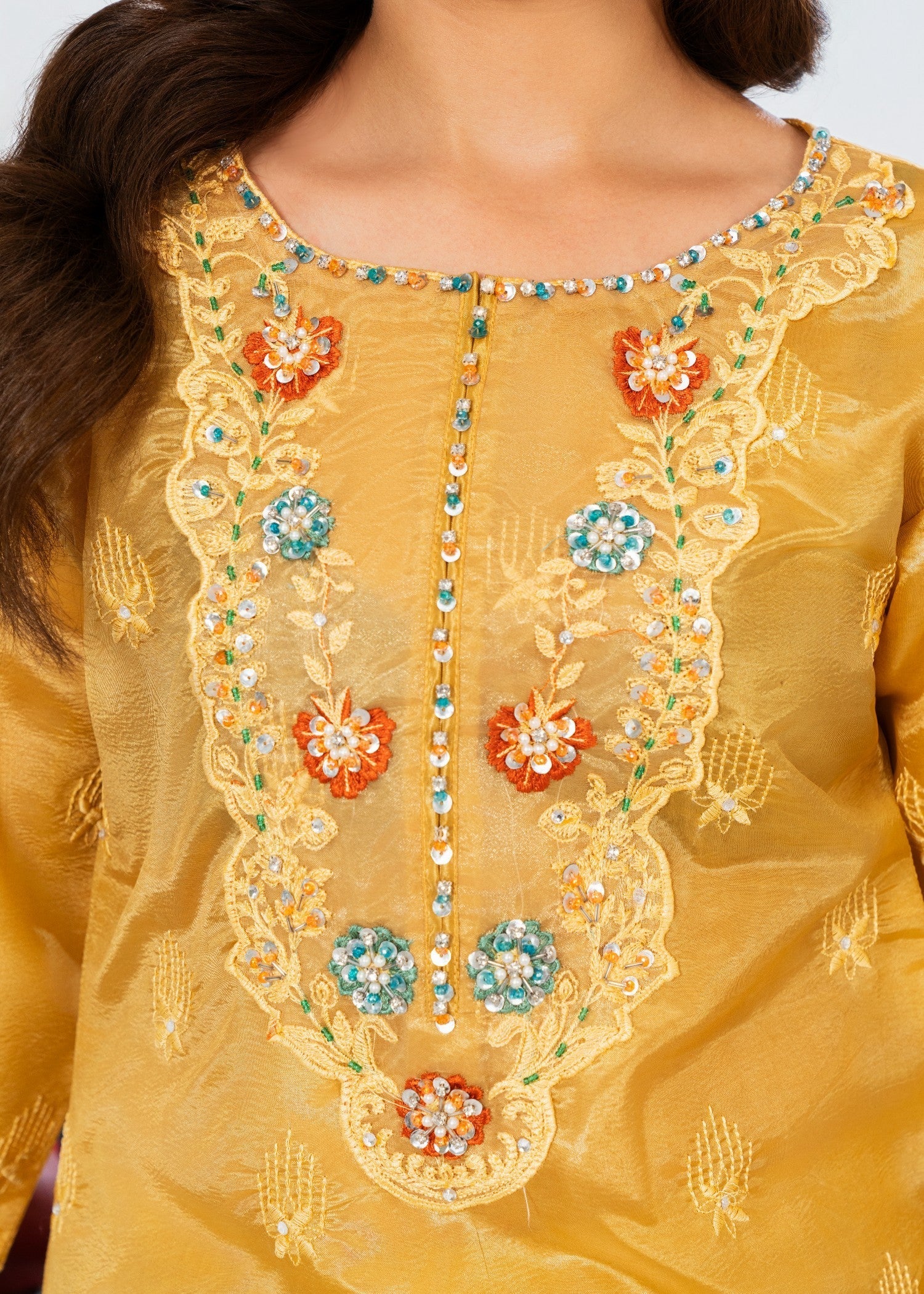 Embroidered Kattan Silk Suit with Boring Work, Neck Patch, Embroidered Sleeves Shirt & Embroidered Net Dupatta & Plain Trouser (3 PCS)n - Image 2