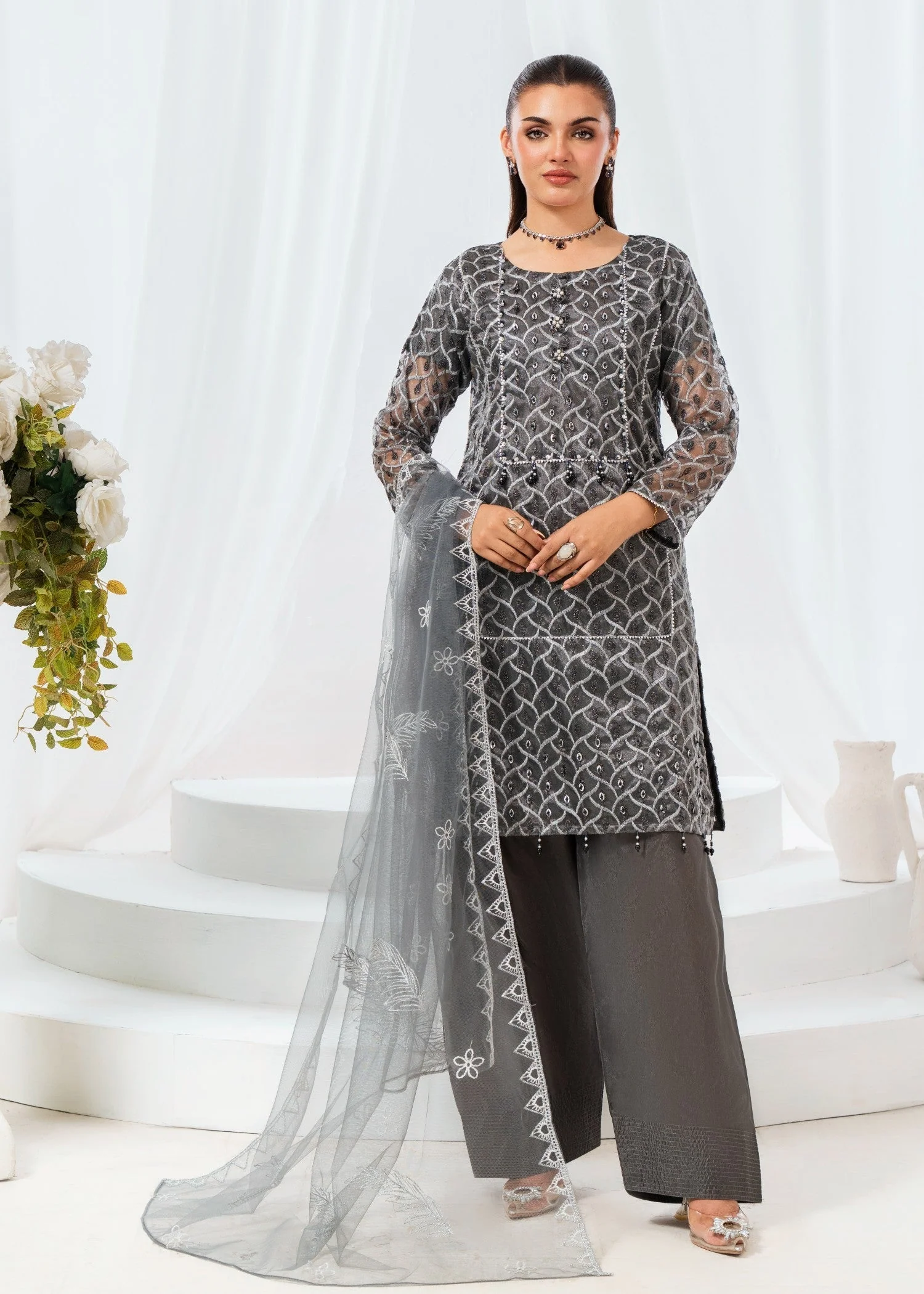 Masory Net Embroidered Suit with ADDA Work, Farshi Shalwar & Embroidered Net Dupatta