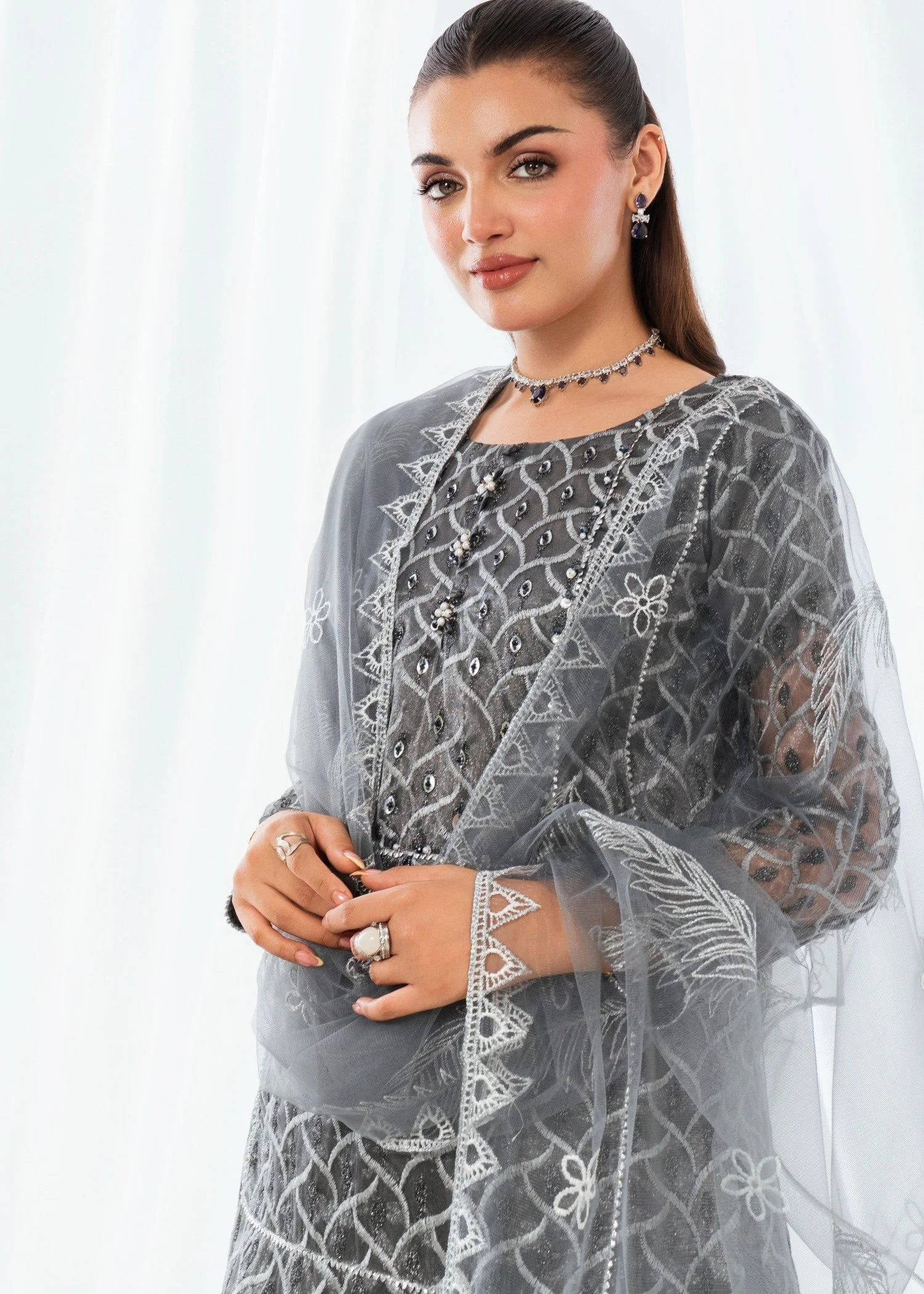 Masory Net Embroidered Suit with ADDA Work, Farshi Shalwar & Embroidered Net Dupatta - Image 2