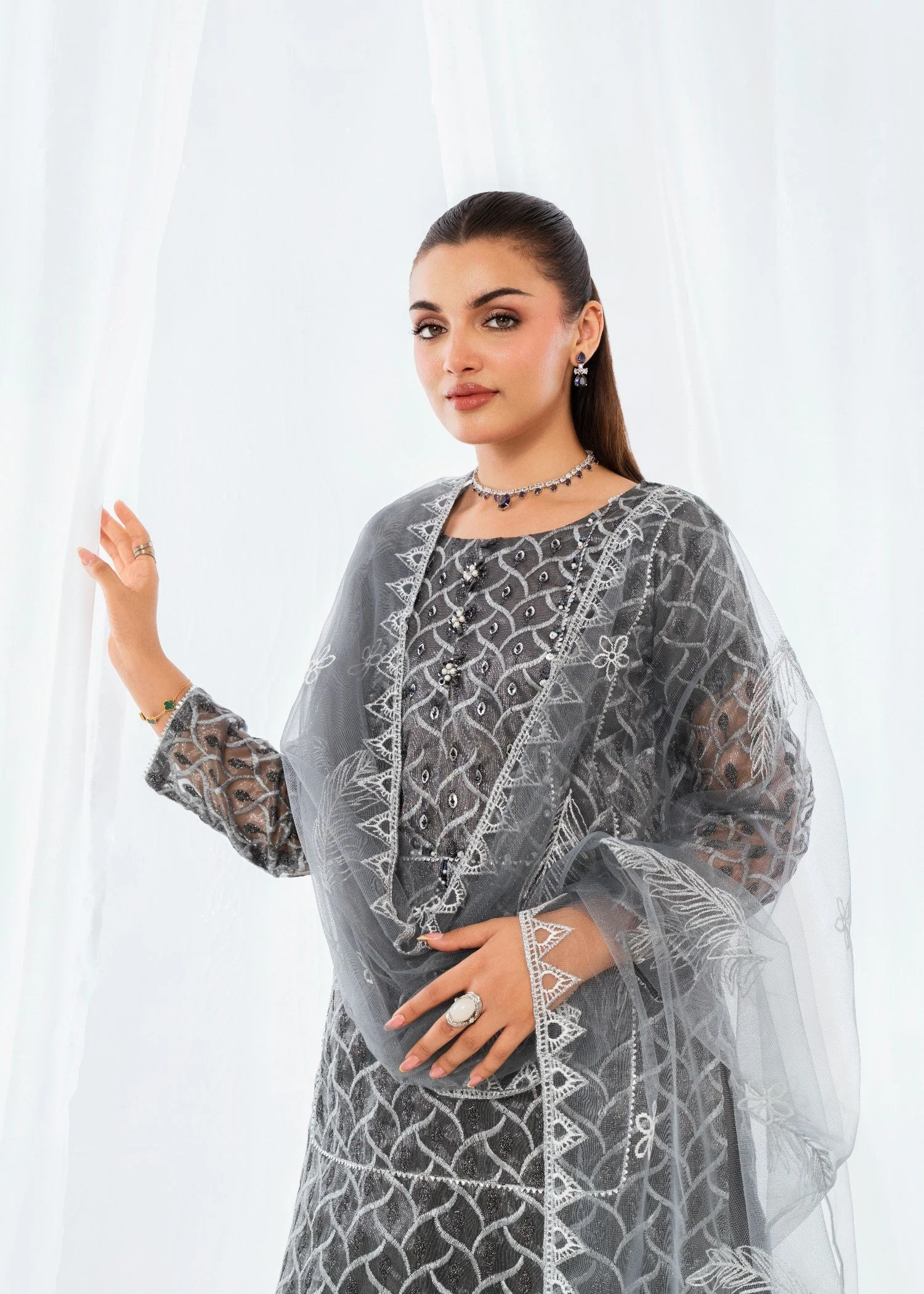 Masory Net Embroidered Suit with ADDA Work, Farshi Shalwar & Embroidered Net Dupatta - Image 3