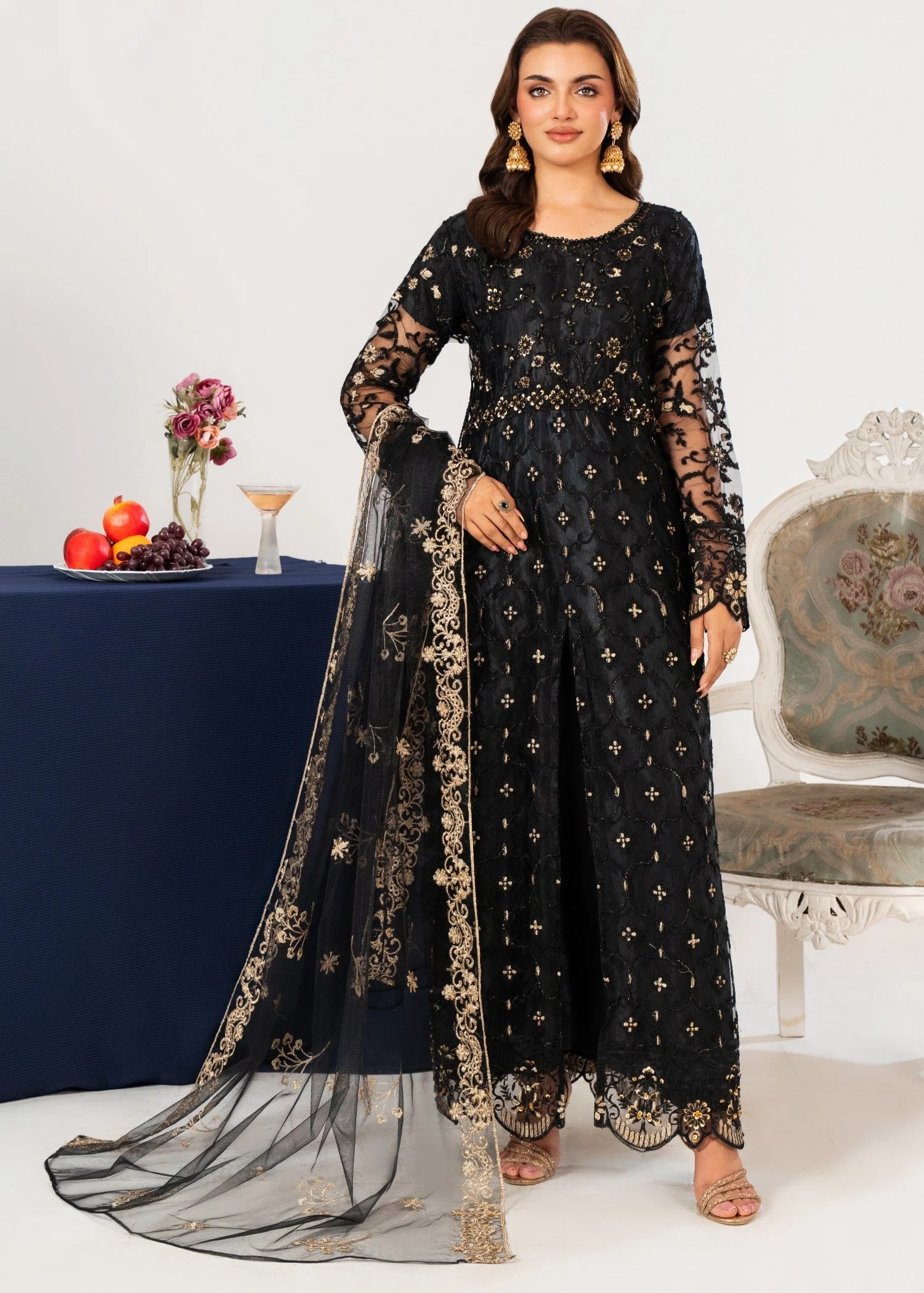 Fully Embroidered Net Maxi (Pishwas) with Embroidered Net Dupatta & Plain Kattan Silk Trouser (3 PCS)