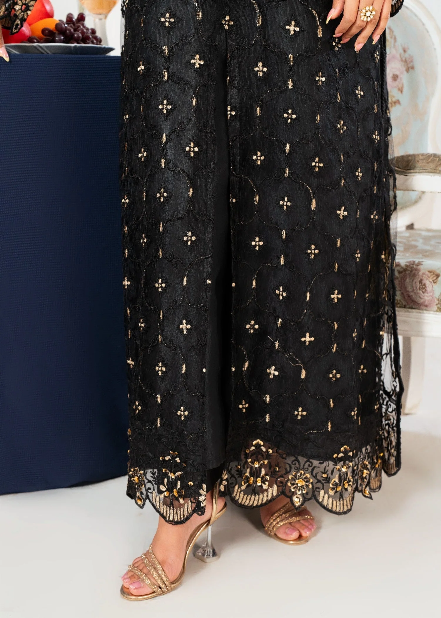 Fully Embroidered Net Maxi (Pishwas) with Embroidered Net Dupatta & Plain Kattan Silk Trouser (3 PCS) - Image 6