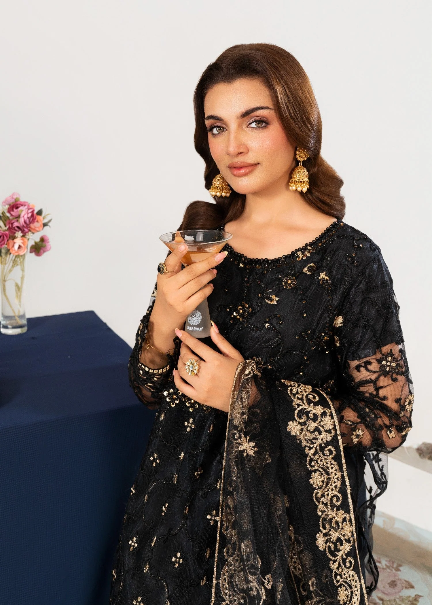Fully Embroidered Net Maxi (Pishwas) with Embroidered Net Dupatta & Plain Kattan Silk Trouser (3 PCS) - Image 5