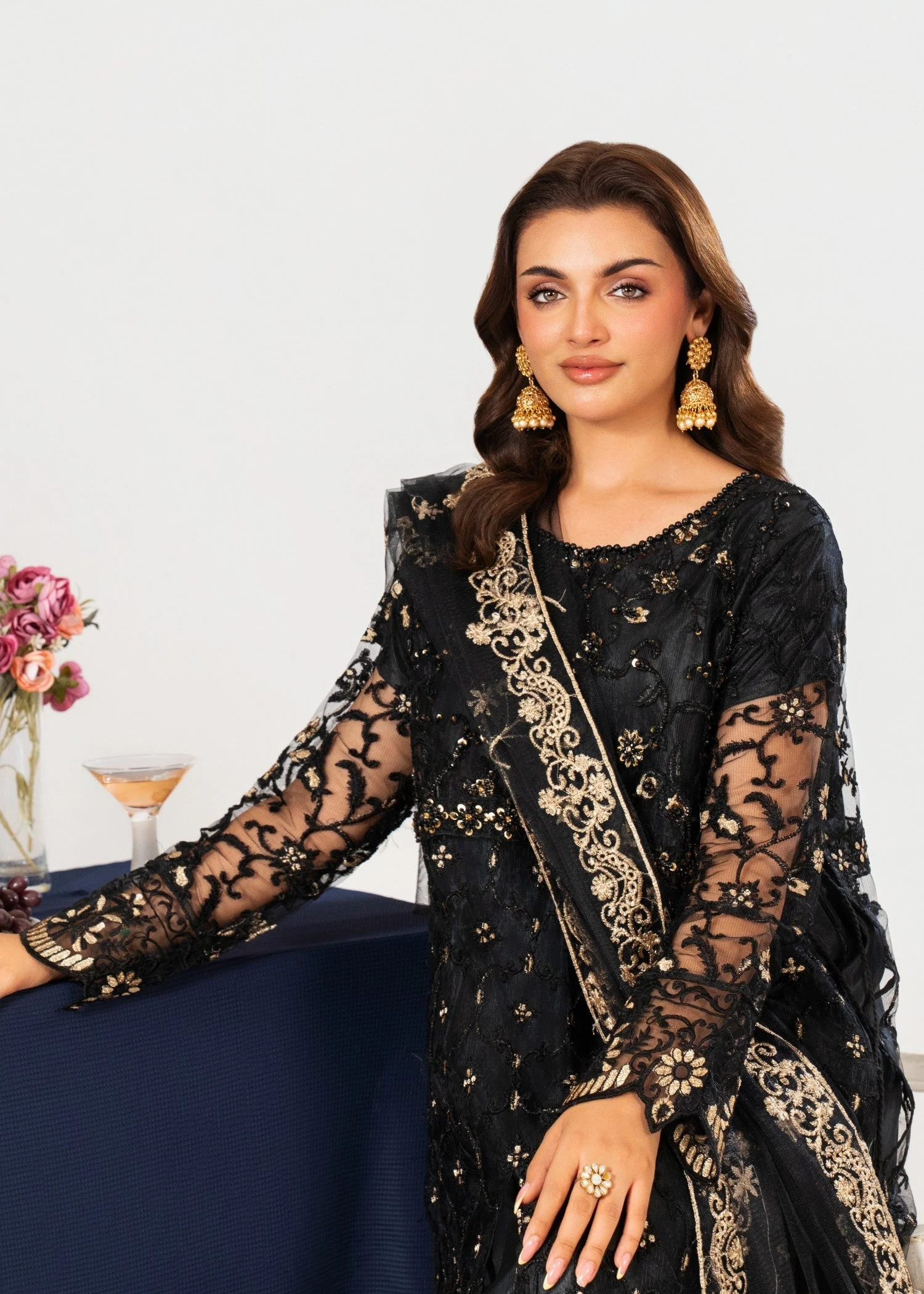Fully Embroidered Net Maxi (Pishwas) with Embroidered Net Dupatta & Plain Kattan Silk Trouser (3 PCS) - Image 3