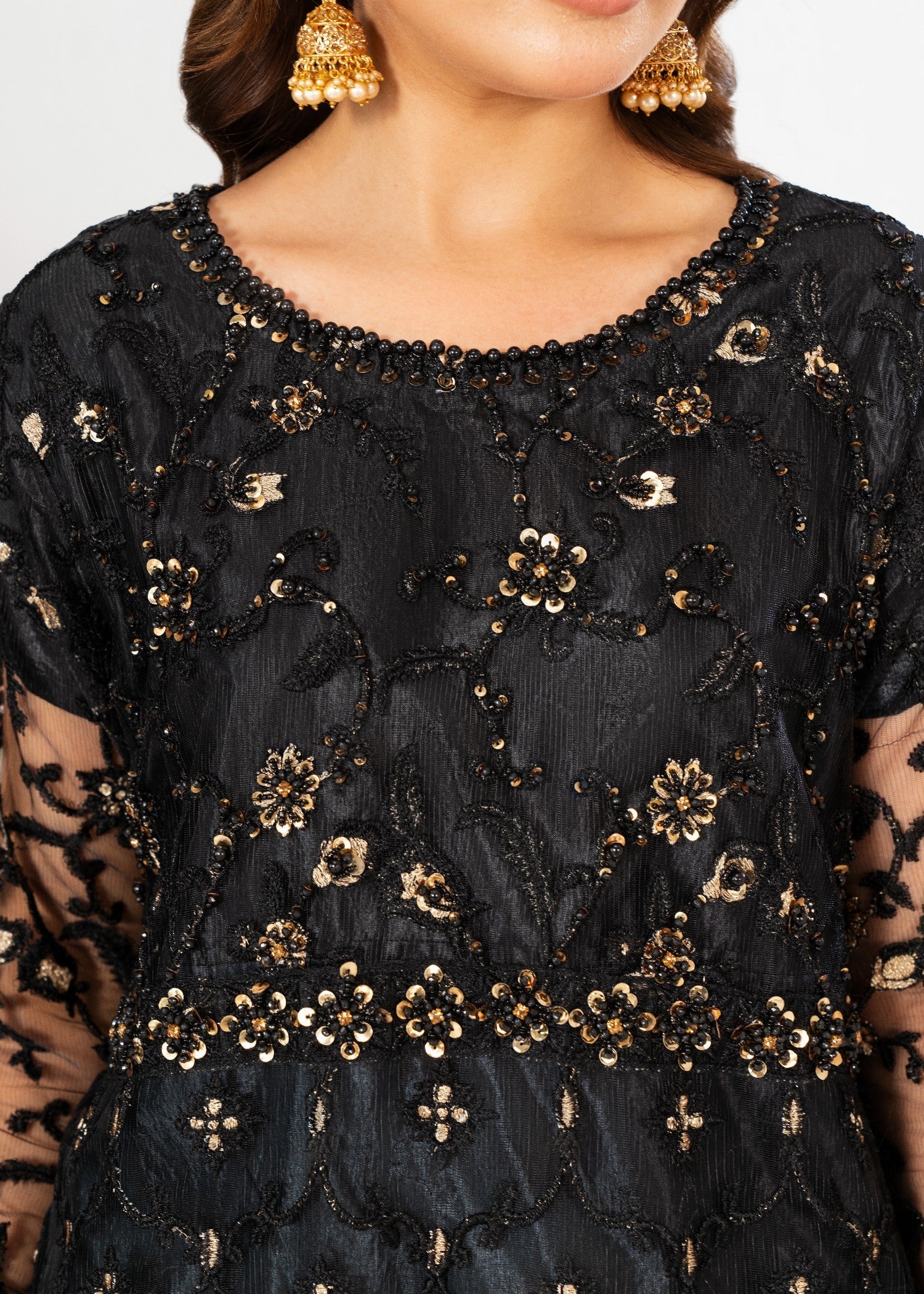 Fully Embroidered Net Maxi (Pishwas) with Embroidered Net Dupatta & Plain Kattan Silk Trouser (3 PCS) - Image 4