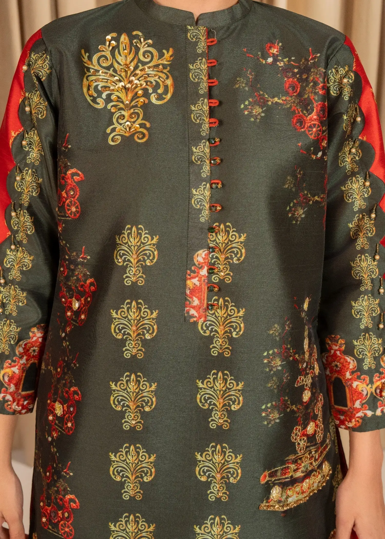 Raw Silk Digital Print & Puff Embroidered Suit with ADDA Work and Embroidered Net Dupatta (3PCS) - Image 4